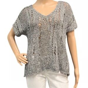 Eileen Fisher Linen Open Knit Dolman Short Sleeve Sweater Top Grey Large